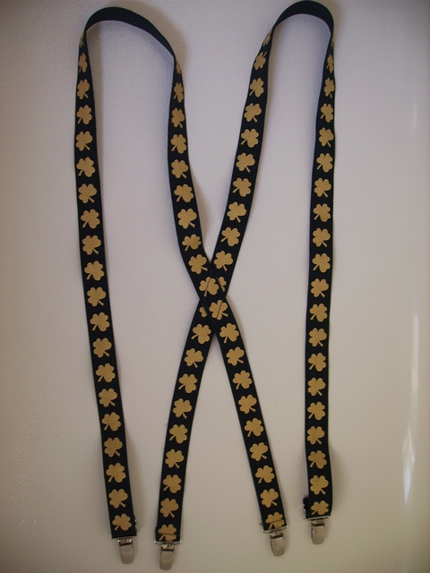 GOLD SHAMROCKS ON GREEN BACKGROUND 1"x48" Suspenders with 4 strong 1/2"x 1" Grips with nylon Teeth and 2 Length Adjusters in the front, all in high polish CHROME FINISH. UC260N48SH#3
